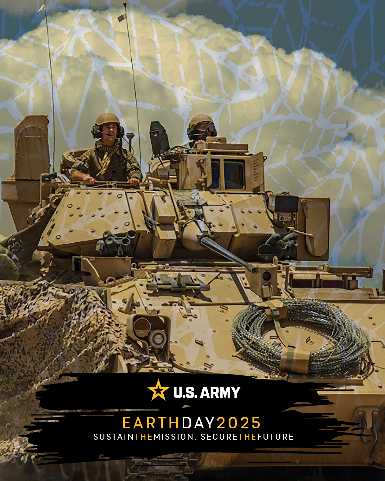 Army Earth Day poster with artistic touches over photo showing soldiers in a Bradley Fighting Vehicle at the National Training Center (NTC) in Fort Irwin, Calif.